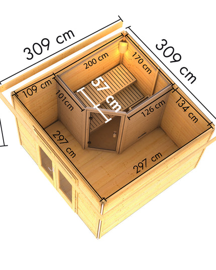 Technische Zeichnung der Karibu Saunahaus Mainburg 1 mit Außenmaßen 309 x 309 cm Set A mit zwei Liegen