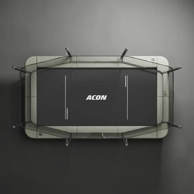 Draufsicht auf das rechteckige ACON HD PRO Trampolin mit Randpolsterung, Sicherheitsnetz und Sprungmatte.