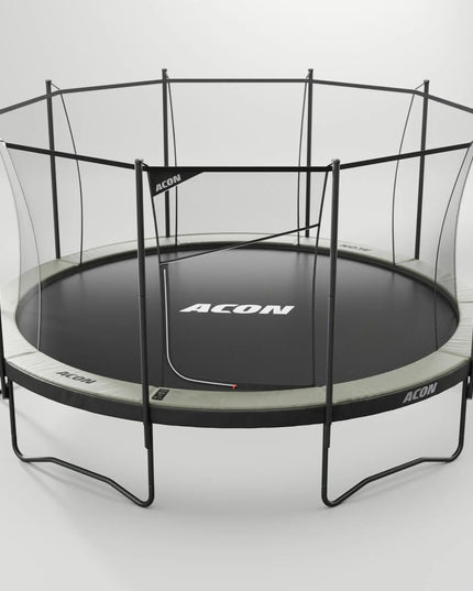 Freigestelltes rundes ACON AIR Gen 2.0 Trampolin mit schwarzer Sprungfläche, hellgrauer Randpolsterung und Sicherheitsnetz.