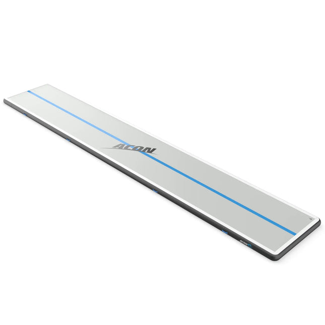 Lange rechteckige ACON Airtrack mit grauer Oberfläche, blauer Mittellinie und schwarzem Seitenrand.
