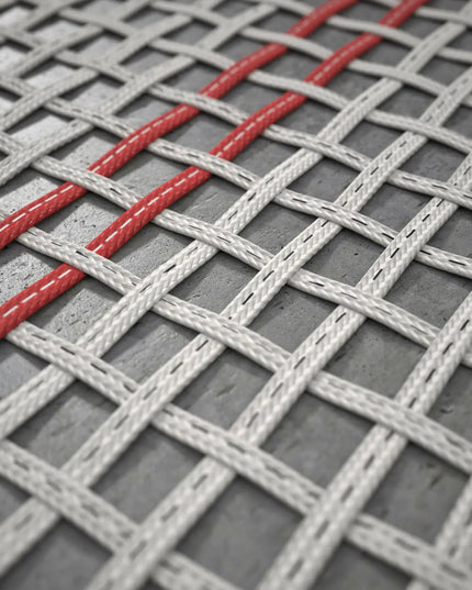 Nahaufnahme des weißen Gittergewebes der ACON X Wettkampf-Trampolinmatte mit roten Markierungslinien.