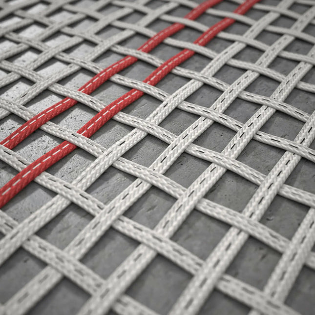 Nahaufnahme des weißen Gittergewebes der ACON X Wettkampf-Trampolinmatte mit roten Markierungslinien.