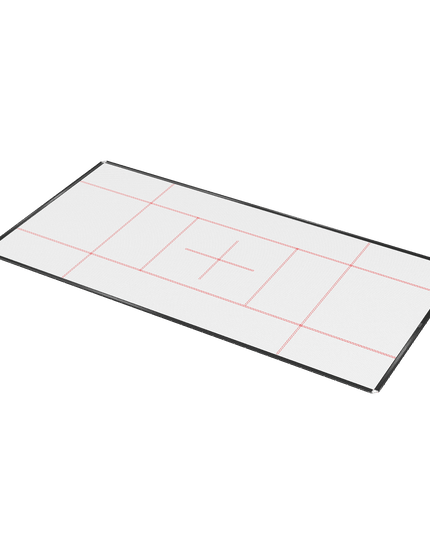 Freigestellte rechteckige ACON X Wettkampf-Trampolinmatte in Weiß mit roten Orientierungslinien und schwarzem Rand.