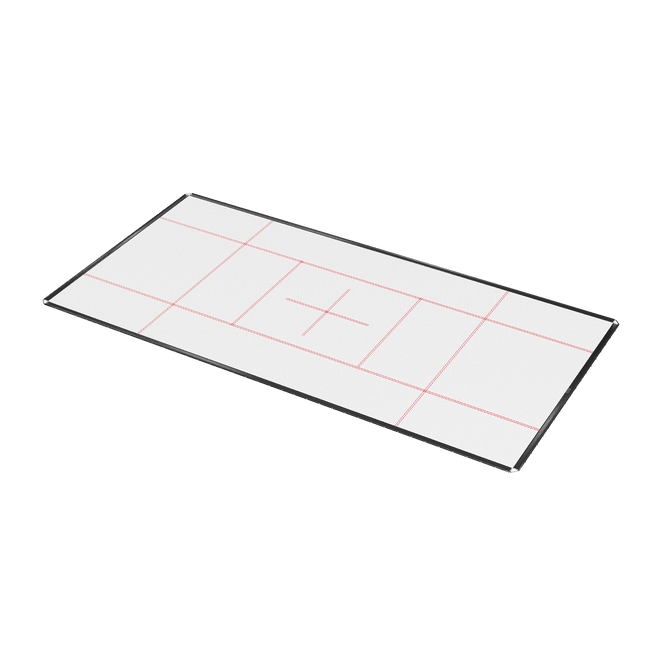 Freigestellte rechteckige ACON X Wettkampf-Trampolinmatte in Weiß mit roten Orientierungslinien und schwarzem Rand.
