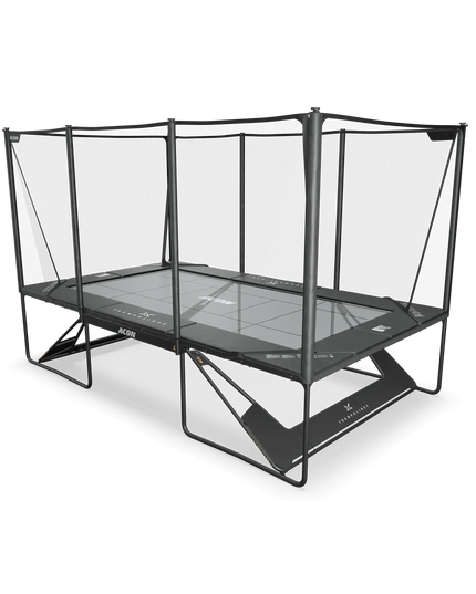 ACON X Freestyle Trampolin mit eingesetzter grauer Sprungmatte, schwarzem Rahmen und umlaufendem Sicherheitsnetz.