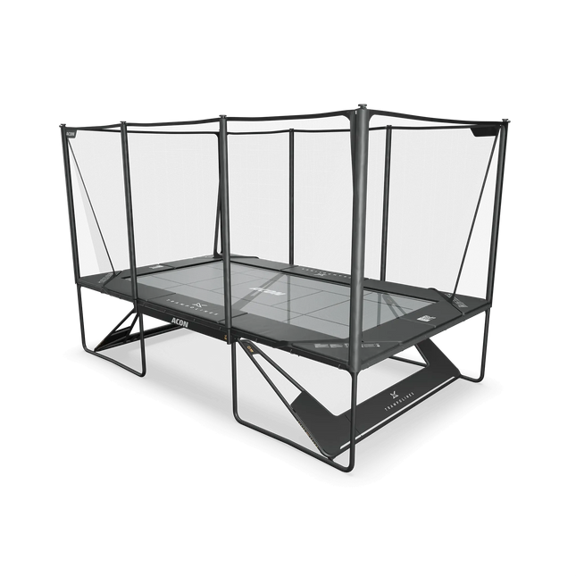 ACON X Freestyle Trampolin mit eingesetzter grauer Sprungmatte, schwarzem Rahmen und umlaufendem Sicherheitsnetz.