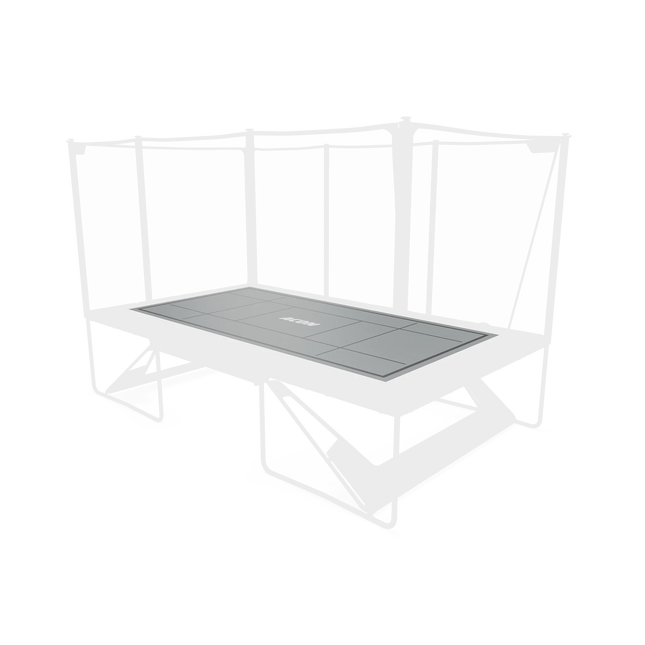 Freigestellte ACON X Freestyle Trampolinmatte in rechteckiger Form mit aufgedruckten Sprungzonen und ACON Logo.