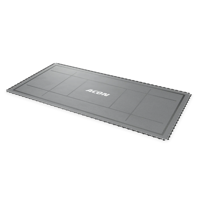 Schräg dargestellte ACON X Freestyle Trampolinmatte mit grauer Sprungfläche, schwarzen Markierungen und ACON Logo.