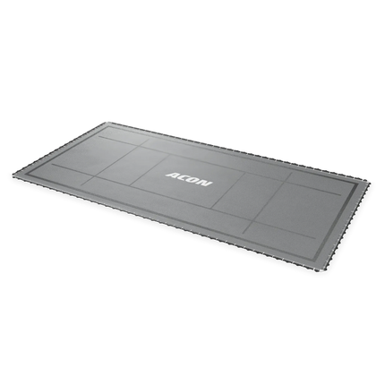 Schräg dargestellte ACON X Freestyle Trampolinmatte mit grauer Sprungfläche, schwarzen Markierungen und ACON Logo.