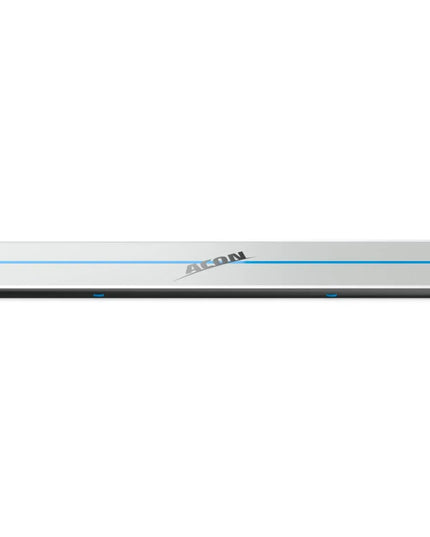 Lange graue ACON Airtrack in Perspektivansicht mit blauer Mittellinie, ACON Logo und schwarzem Seitenrand.