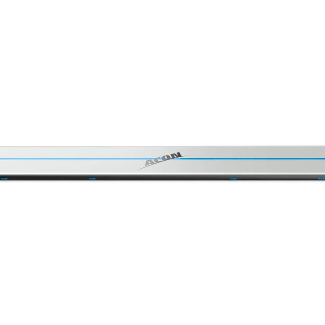 Lange graue ACON Airtrack in Perspektivansicht mit blauer Mittellinie, ACON Logo und schwarzem Seitenrand.