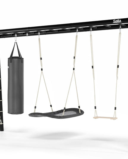 Schwarzes Salta Klettergerüst XL mit Set-4-Zubehör wie Boxsack, Nestschaukel und Kletternetz im Garten