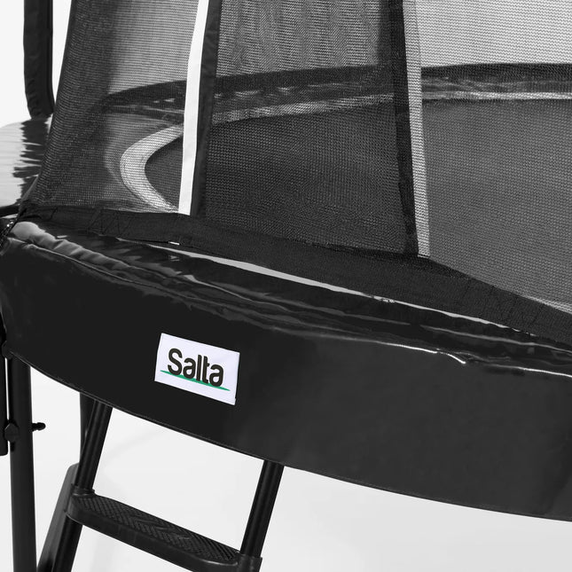 Salta First Class Trampolin, Seitenansicht mit verzinktem Stahlrahmen und Beinbügeln
