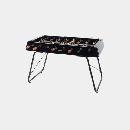 RS3 Tischkicker in Jet Black mit schlankem Stahlgestell, seitliche Ansicht