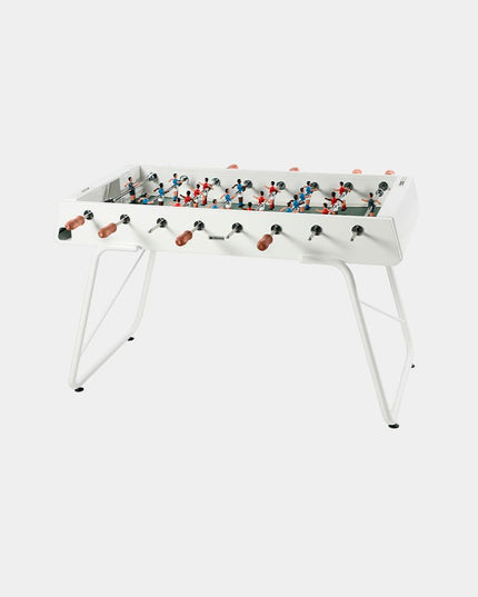 Weißer RS3 Tischkicker mit Iroko-Griffen und Figuren aus Aluminiumguss