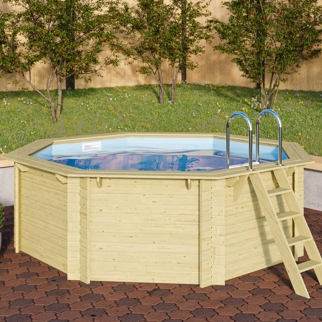 Karibu Pool Modell 1 aus Holz mit blauem Wasser und Pooldeck