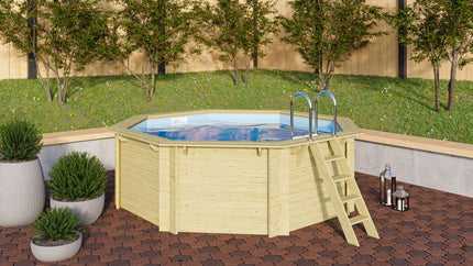 Karibu Pool Modell 1 aus Holz mit blauem Wasser und Pooldeck