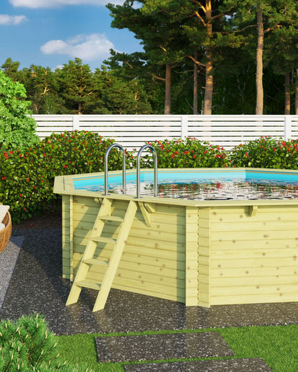 Karibu Pool Modell 3 mit Holzverkleidung und blauem Poolwasser