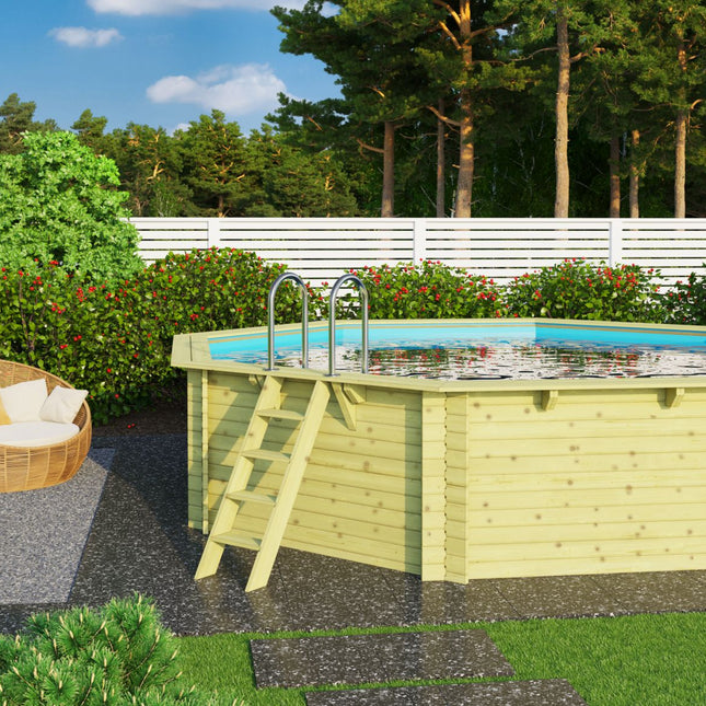Karibu Pool Modell 3 mit Holzverkleidung und blauem Poolwasser