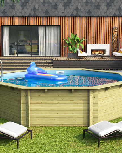 Karibu Pool Modell 3 mit breitem Holzdeck und Einstiegsleiter