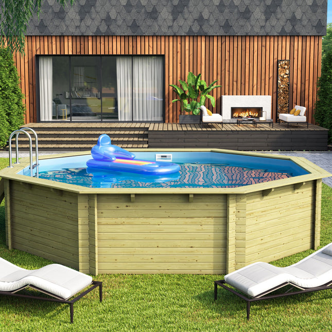 Karibu Pool Modell 3 mit breitem Holzdeck und Einstiegsleiter