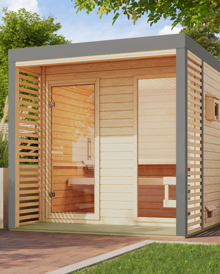 Karibu Saunahaus Ares 2 als Gartensauna mit Glasfront
