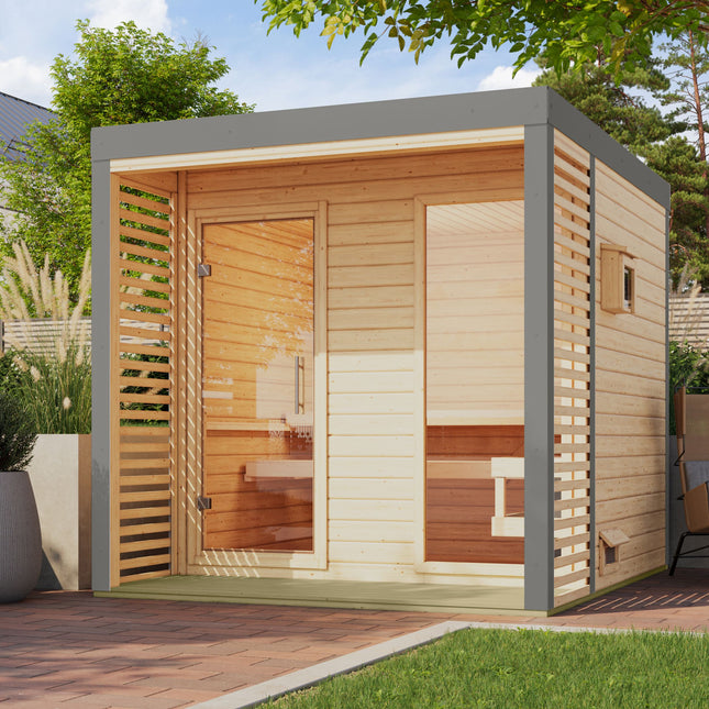Karibu Saunahaus Ares 2 als Gartensauna mit Glasfront
