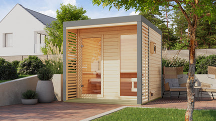 Karibu Saunahaus Ares 2 als Gartensauna mit Glasfront