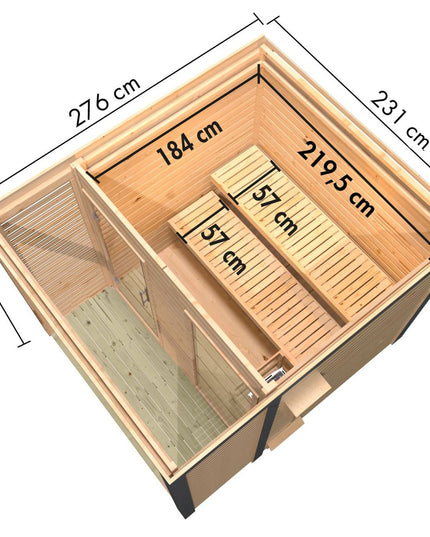 Karibu Saunahaus Ares 2 mit Ganzglastür und Fensterflächen