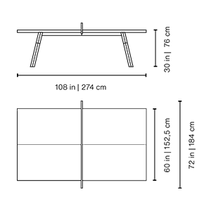 Maßzeichnung der You and Me Tischtennisplatte Standard mit 274 cm Länge, 152,5 cm Breite und 76 cm Höhe