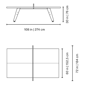 Maßzeichnung der RS Stationary Tischtennisplatte mit 274 cm Länge, 184 cm Breite und 76 cm Höhe