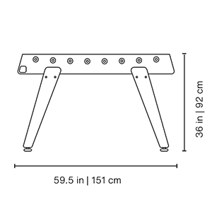 Maßzeichnung des RS3 Wood Tischkickers mit 151 cm Länge und 92 cm Höhe
