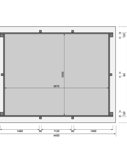 Technische Zeichnung und Grundriss mit präzisen Maßangaben in Millimetern: Innenmaß 3870 x 3000 mm (Breite x Tiefe), Gesamt-Außenmaß 4400 x 3530 mm sowie Detailmaßen für Wandstärken und Pfostenabstände.