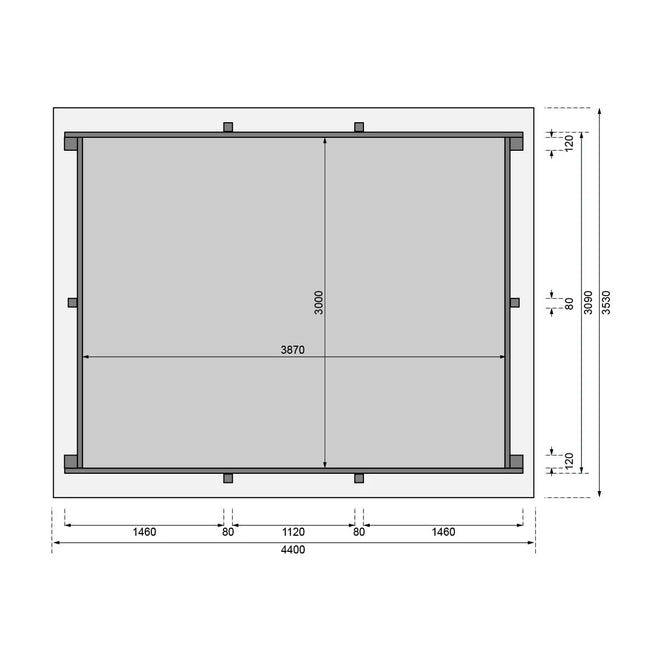Technische Zeichnung und Grundriss mit präzisen Maßangaben in Millimetern: Innenmaß 3870 x 3000 mm (Breite x Tiefe), Gesamt-Außenmaß 4400 x 3530 mm sowie Detailmaßen für Wandstärken und Pfostenabstände.