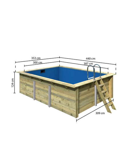 Rechteckiger Holzpool mit blauer Innenfolie, Holzleiter und Edelstahl-Einstiegsleiter, dargestellt mit Maßangaben: Außenmaße 440 x 353 cm, Innenmaße 387 x 300 cm und Höhe 124 cm.
