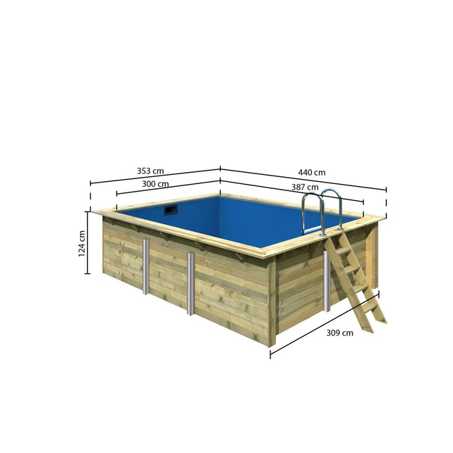Rechteckiger Holzpool mit blauer Innenfolie, Holzleiter und Edelstahl-Einstiegsleiter, dargestellt mit Maßangaben: Außenmaße 440 x 353 cm, Innenmaße 387 x 300 cm und Höhe 124 cm.