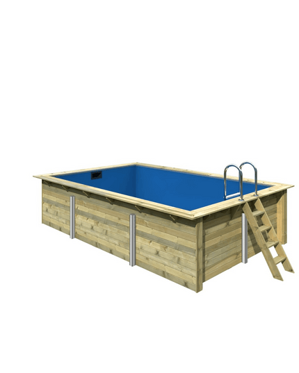 Rechteckiger Holzpool mit blauer Innenfolie, Außenleiter aus Holz und Edelstahl-Einstiegsleiter vor weißem Hintergrund.