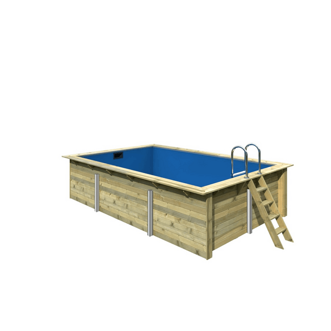 Rechteckiger Holzpool mit blauer Innenfolie, Außenleiter aus Holz und Edelstahl-Einstiegsleiter vor weißem Hintergrund.