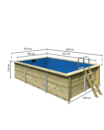 Rechteckiger Holzpool für den Garten mit blauer Poolfolie, Anstellleiter aus Holz und Einstiegsleiter aus Edelstahl. Produktansicht mit Maßangaben: Außenmaß 530 x 353 cm, Innenmaß 477 x 300 cm und Höhe 124 cm.