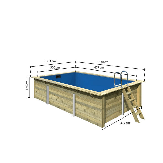 Rechteckiger Holzpool für den Garten mit blauer Poolfolie, Anstellleiter aus Holz und Einstiegsleiter aus Edelstahl. Produktansicht mit Maßangaben: Außenmaß 530 x 353 cm, Innenmaß 477 x 300 cm und Höhe 124 cm.