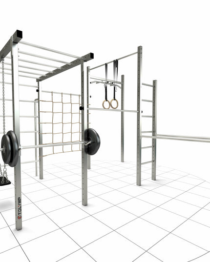 TOLYMP Cross All Outdoor-Fitnessstation aus Edelstahl in Vollausstattung mit zwei Sprossenleitern und Kletternetz