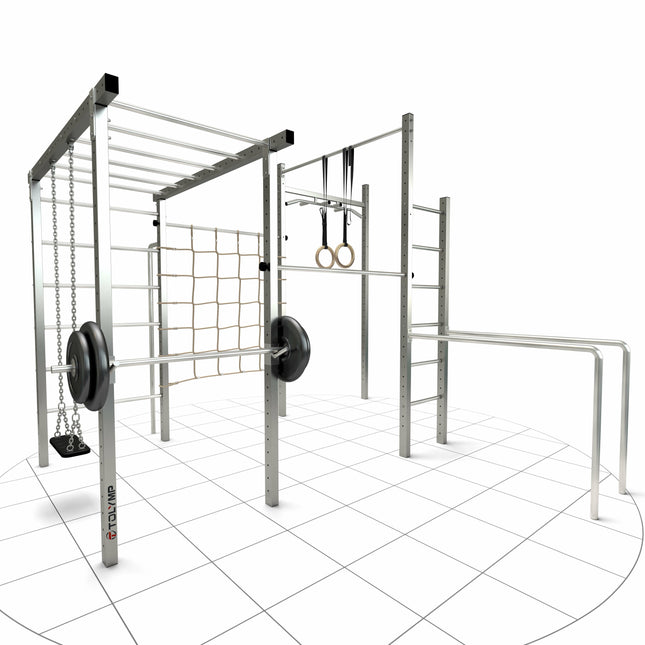 TOLYMP Cross All Outdoor-Fitnessstation aus Edelstahl in Vollausstattung mit zwei Sprossenleitern und Kletternetz