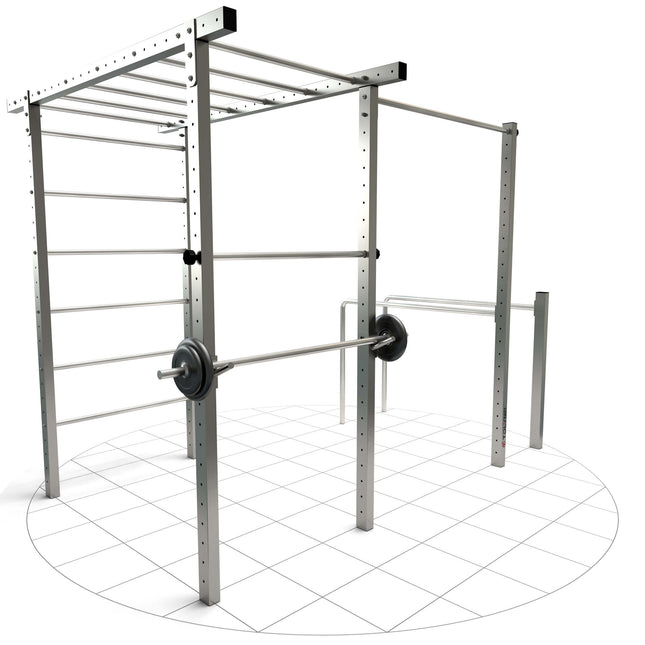 TOLYMP Cross Outdoor-Fitnessstation aus Edelstahl mit Klimmzugstangen, Dip-Barren, Sprossenleiter und Hangelleiter