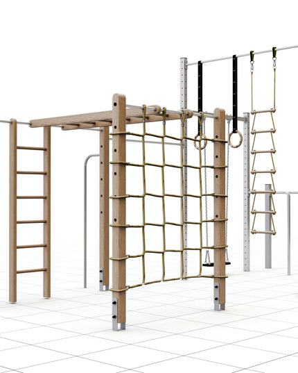 TOLYMP Klettertower Alpenfit aus Edelstahl mit Schaukel, Strickleiter, Battle-Rope und Klimmzugstange
