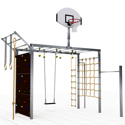 TOLYMP Klettertower Betterrest aus Edelstahl mit Boulderwand, Basketballkorb, Schaukel und Kletternetz
