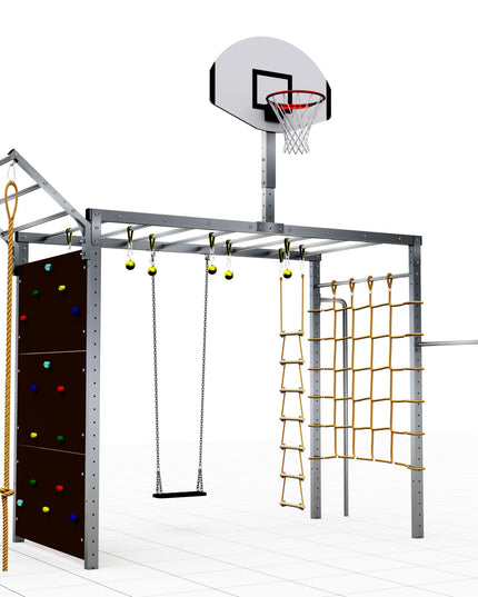 TOLYMP Klettertower Betterrest aus Edelstahl mit Boulderwand, Basketballkorb, Schaukel und Kletternetz