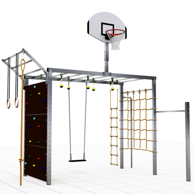 TOLYMP Klettertower Betterrest aus Edelstahl mit Boulderwand, Basketballkorb, Schaukel und Kletternetz