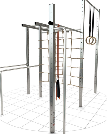 TOLYMP Max Calisthenics-Station aus Edelstahl mit drei Klimmzugstangen, Kletternetz, Turnringen und Schlingentrainer