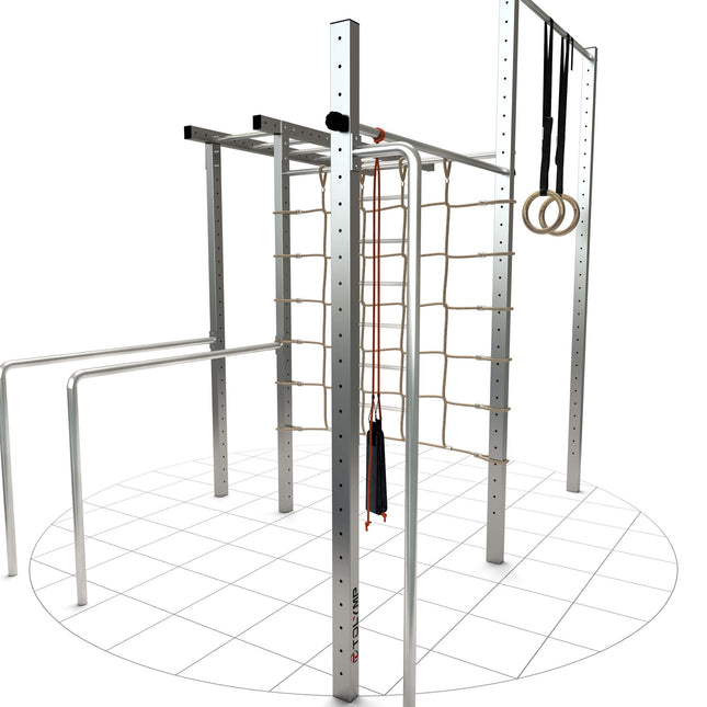 TOLYMP Max Calisthenics-Station aus Edelstahl mit drei Klimmzugstangen, Kletternetz, Turnringen und Schlingentrainer