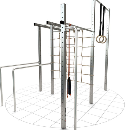 TOLYMP Max Calisthenics-Station aus Edelstahl mit drei Klimmzugstangen, Kletternetz, Turnringen und Schlingentrainer